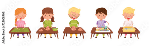 Creative Kid at Table Engaged in Handcraft Activity Vector Set