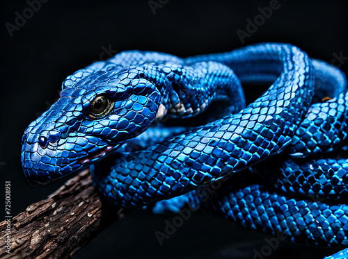 blue viper snake on a branch, black background