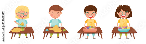Creative Kid at Table Engaged in Handcraft Activity Vector Set