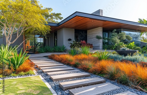 a front walkway with plants from the ground