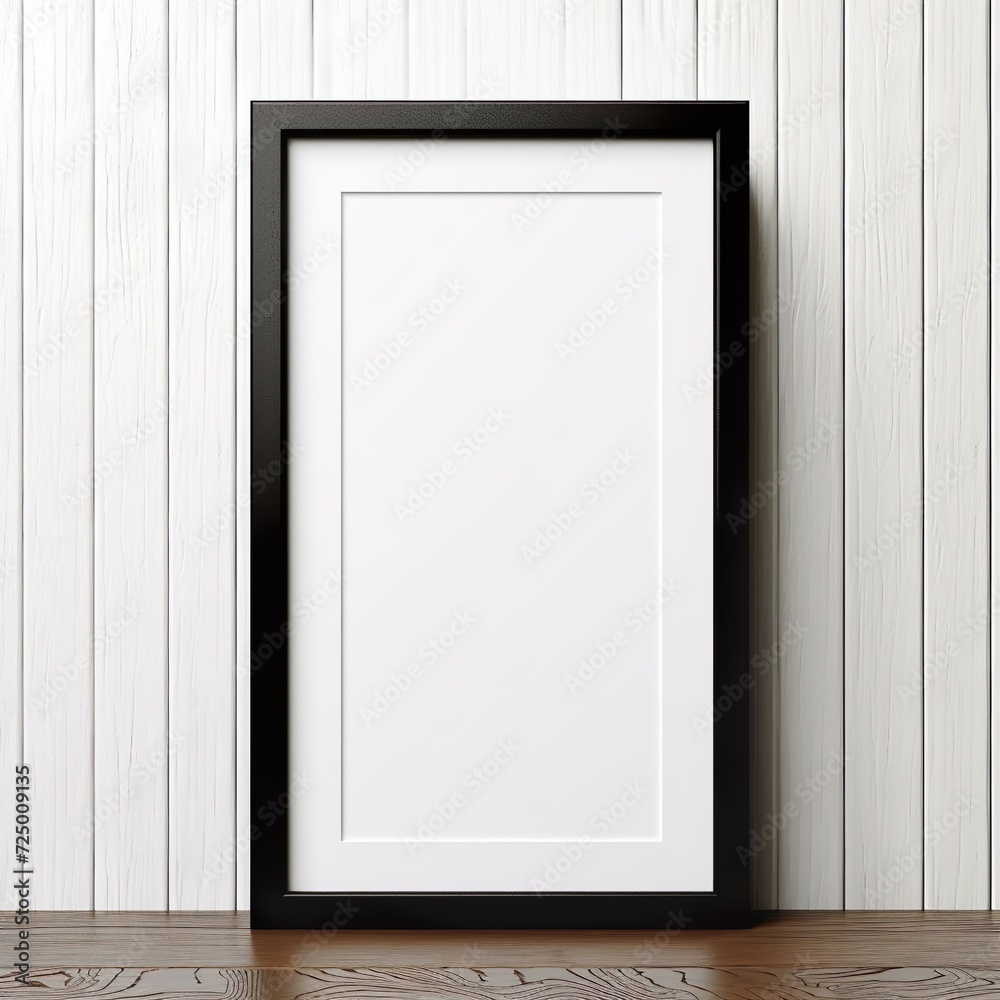 blank black poster frame on light wooden floor, empty picture frame mockup, blank vertical frame