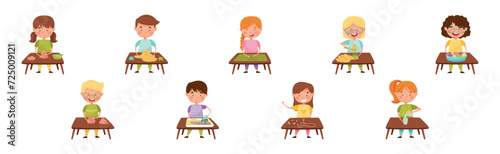 Creative Kid at Table Engaged in Handcraft Activity Vector Set