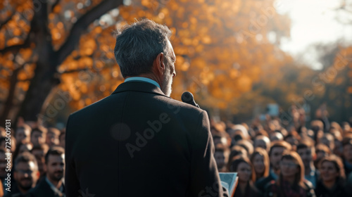 A Male Politician Delivering a Speech Outdoors to a Crowd of Political Party Members photo