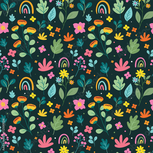 Folk floral seamless pattern. Cute romantic wildflowers pattern on green background. Spring flowers pattern. Ditsy floral print