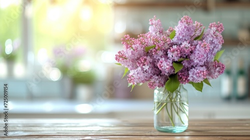 A beautiful bouquet of lilacs stands in a glass vase on a wooden table
