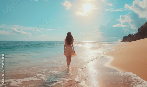 a girl in a dress walking on a beach