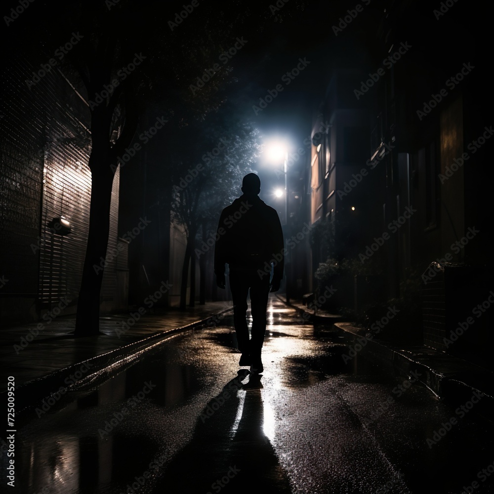 Silhouette of a young men walking home alone at night , scared of stalker and being assault , insecurity concept Silhouette of a young men walking home alone at night , scared of stalker and being assault , insecurity concept
