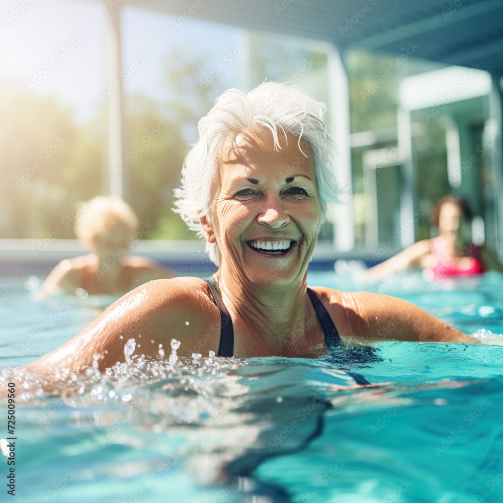 Fototapeta premium Active mature women enjoying aqua gym class in a pool, healthy retired lifestyle with seniors doing aqua fit sport