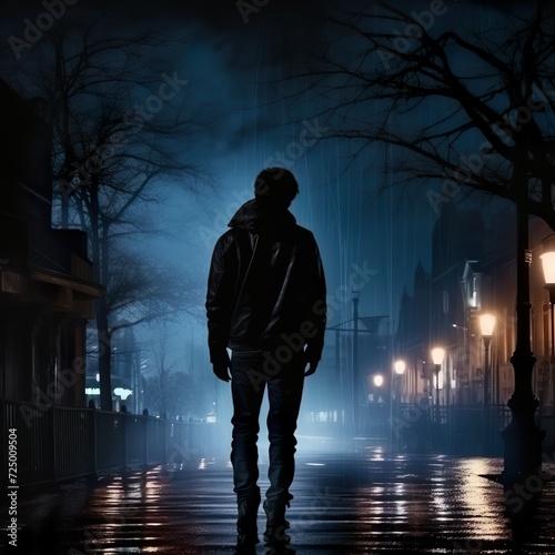 Silhouette of a young men walking home alone at night   scared of stalker and being assault   insecurity concept