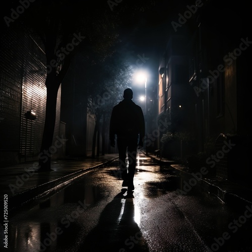 Silhouette of a young men walking home alone at night , scared of stalker and being assault , insecurity concept photo