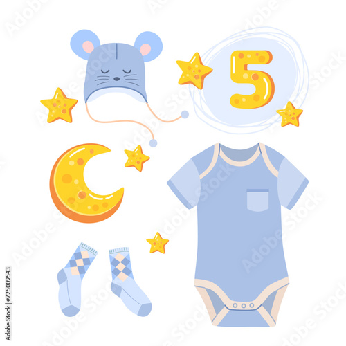 Clothes for baby for photoshoot: bodysuit with short sleeves, hat with ears and mouse face, socks, decor in shape of moon and stars made of cheese. Vector illustration on white isolated background.