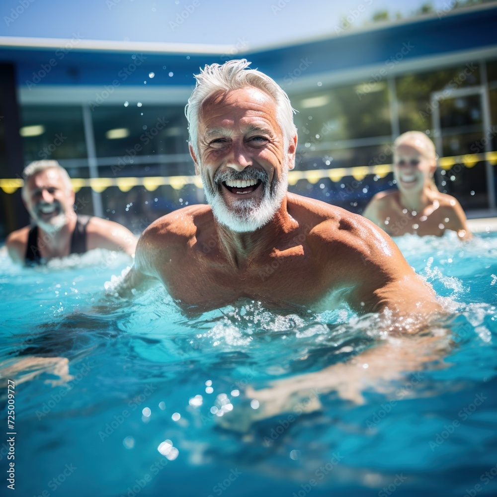 Active mature men enjoying aqua gym class in a pool, healthy retired lifestyle with seniors doing aqua fit sport