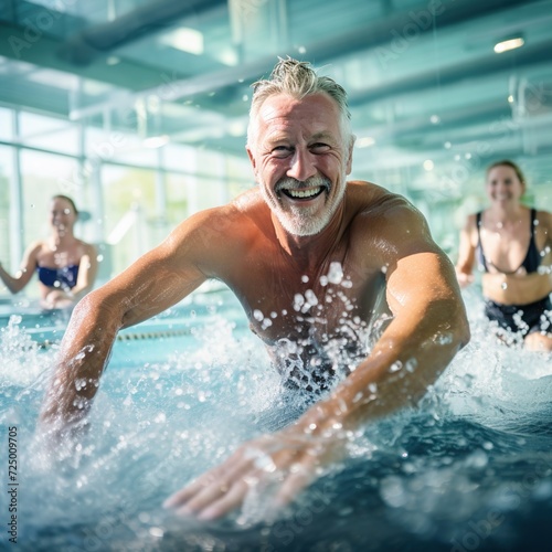 Active mature men enjoying aqua gym class in a pool, healthy retired lifestyle with seniors doing aqua fit sport