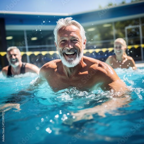 Active mature men enjoying aqua gym class in a pool, healthy retired lifestyle with seniors doing aqua fit sport © Marietimo