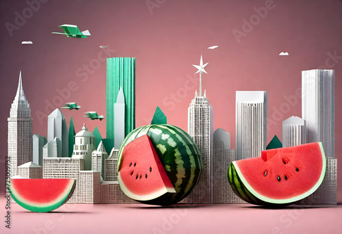City skyline with watermelon