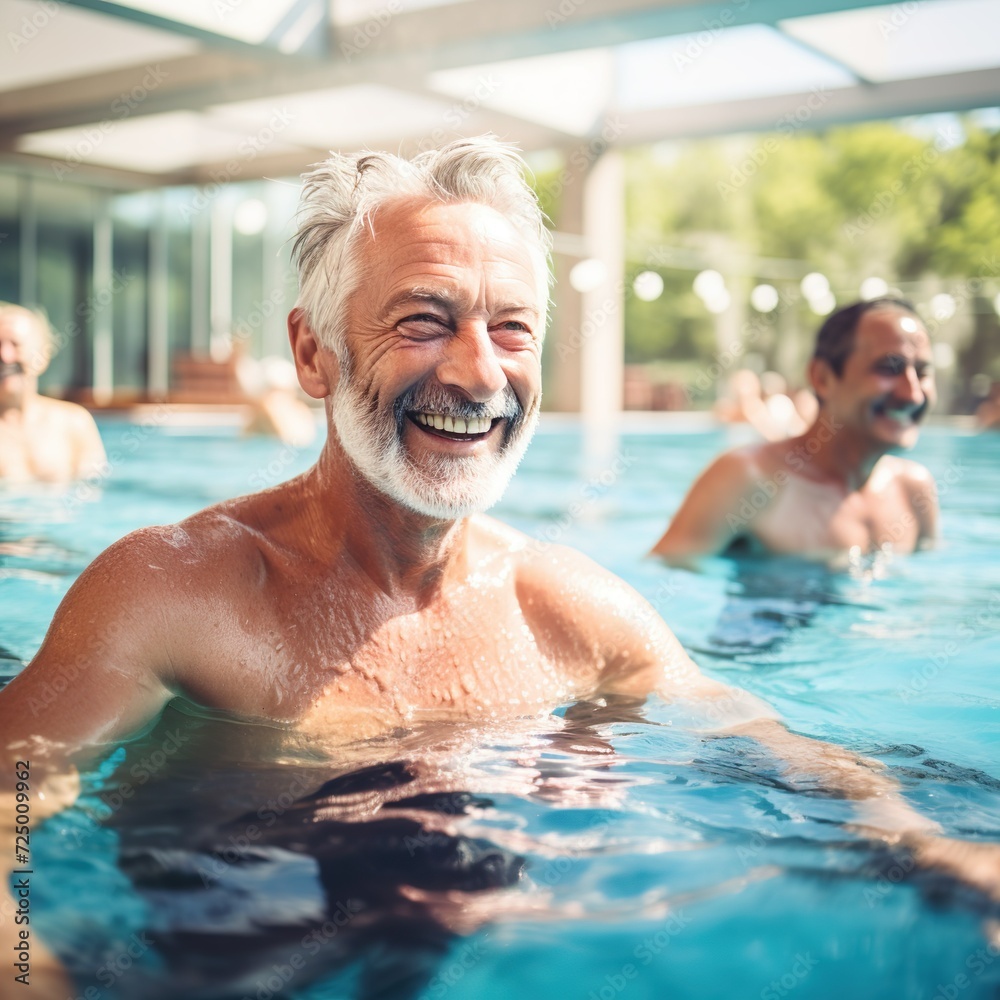 Active mature men enjoying aqua gym class in a pool, healthy retired lifestyle with seniors doing aqua fit sport