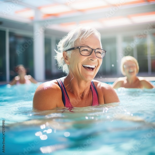 Active mature women enjoying aqua gym class in a pool, healthy retired lifestyle with seniors doing aqua fit sport © Marietimo