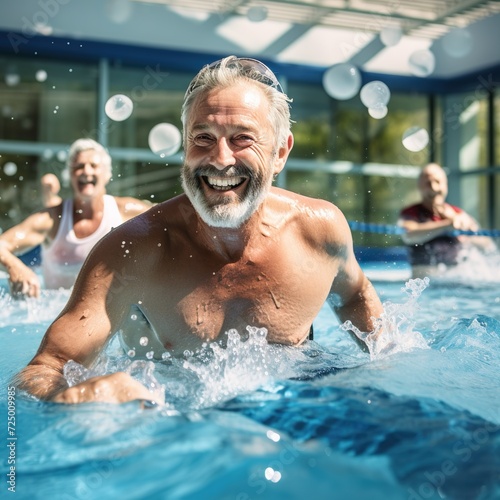 Active mature men enjoying aqua gym class in a pool, healthy retired lifestyle with seniors doing aqua fit sport