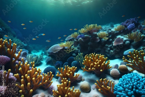 A realistic 3D render of a coral reef with vibrant marine life and detailed textures