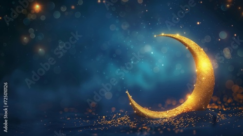 Shining crescent moon that marks the beginning of ramadan, fasting month. Islamic religious celebration - Ramadan Kareen - concept. Muslim holiday photo