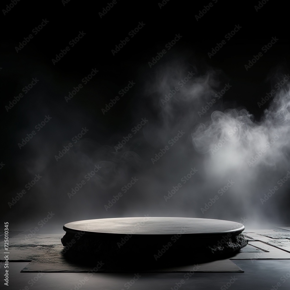 Podium black dark smoke background product platform abstract stage texture fog spotlight. Dark black floor podium dramatic empty night room table concrete wall scene place display studio smoky dust