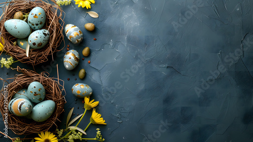 Three Eggs in a Nest With Sunflowers and Daisies photo