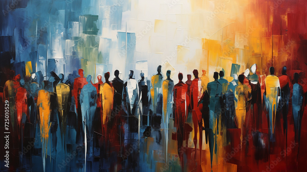Crowd of people panorama, abstract watercolor painting with bright and bold colors, meeting on the street. Beautiful artistic image for poster, wallpaper, art print. - obrazy, fototapety, plakaty 