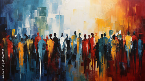 Crowd of people panorama, abstract watercolor painting with bright and bold colors, meeting on the street. Beautiful artistic image for poster, wallpaper, art print.