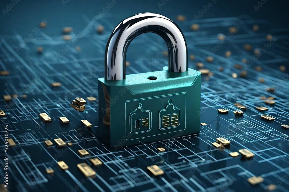 A 3D rendering of a digital padlock with financial symbols, emphasizing secure financial transactions. - obrazy, fototapety, plakaty 