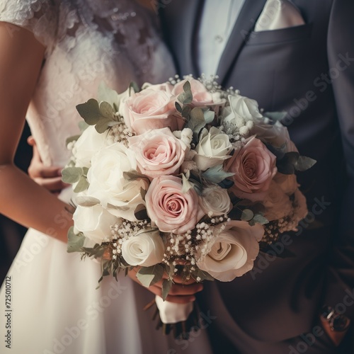 Bride and groom wedding couple with a bouquet of light rose and white color flowers