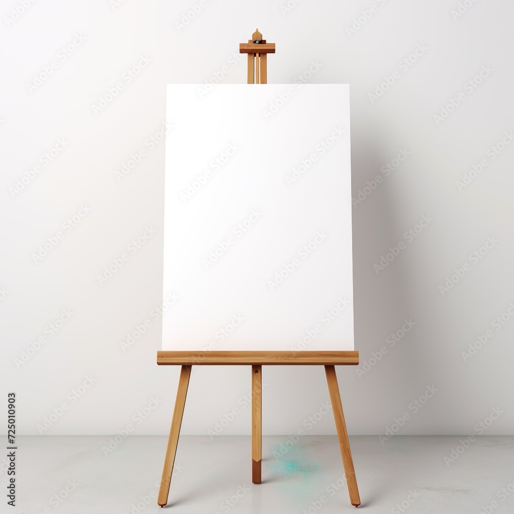 wooden easel with blank canvas against white wall wooden easel with blank canvas against white wall