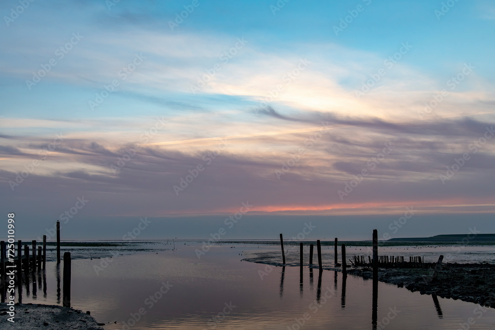 Sunset view over mudflats near pier in former harbor De Cocksdorp, Texel, The Netherlands during low tide with birds in water and in air against feathered cloud sky and wooden poles reflected in water