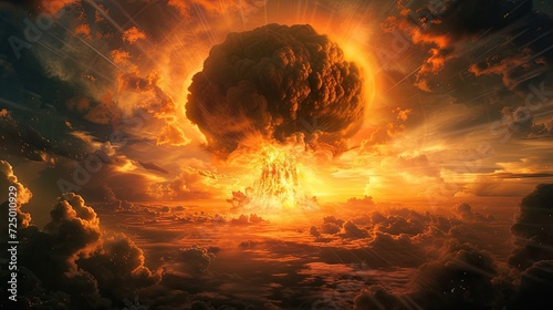 gravity of a nuclear explosion with a mushroom cloud engulfing the sky