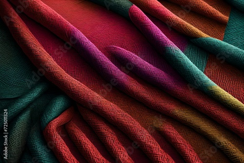 A three-dimensional textile fabric texture, showing detailed weaves and fibers in a vibrant color