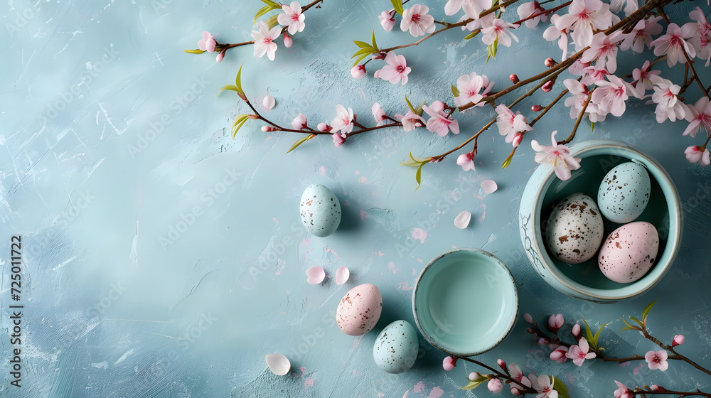 Blue Table With Eggs and Pink Flowers