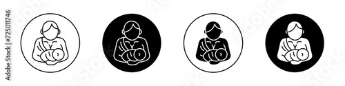 Breastfeeding icon set.Mother feed brrast milk to baby vector symbol in a black filled and outlined style.Woman lactation son sign.