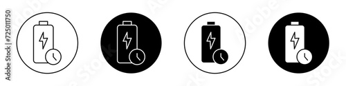 Battery time icon set. Mobile battery charging vector symbol in a black filled and outlined style.Battery capacity clock sign.