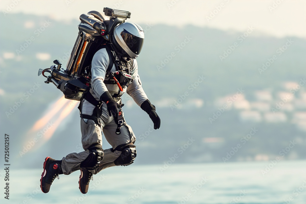 Man fly with Jetpack: Portable device with jet propulsion for vertical takeoff and flight. Man fly with Jetpack: Portable device with jet propulsion for vertical takeoff and flight.