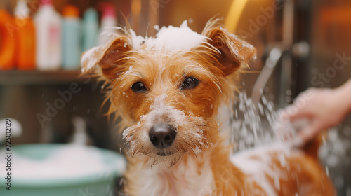 A dog getting a wash at a groomer