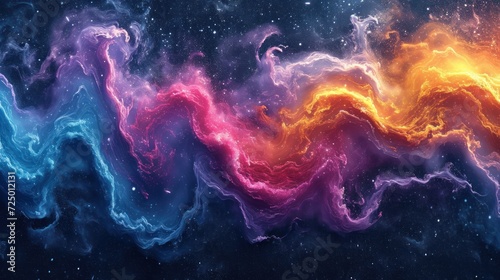  a group of colorful swirls in the middle of a dark blue, orange and pink space filled with stars.