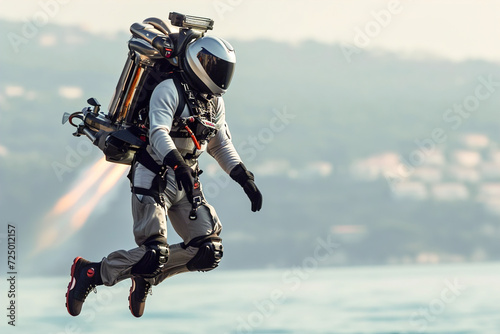 Man fly with Jetpack: Portable device with jet propulsion for vertical takeoff and flight. © Degimages