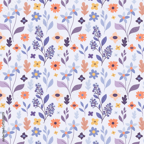 Modern floral seamless pattern. Cute romantic wildflowers pattern on light grey background. Spring flowers pattern. Ditsy floral print, purple and orange colors