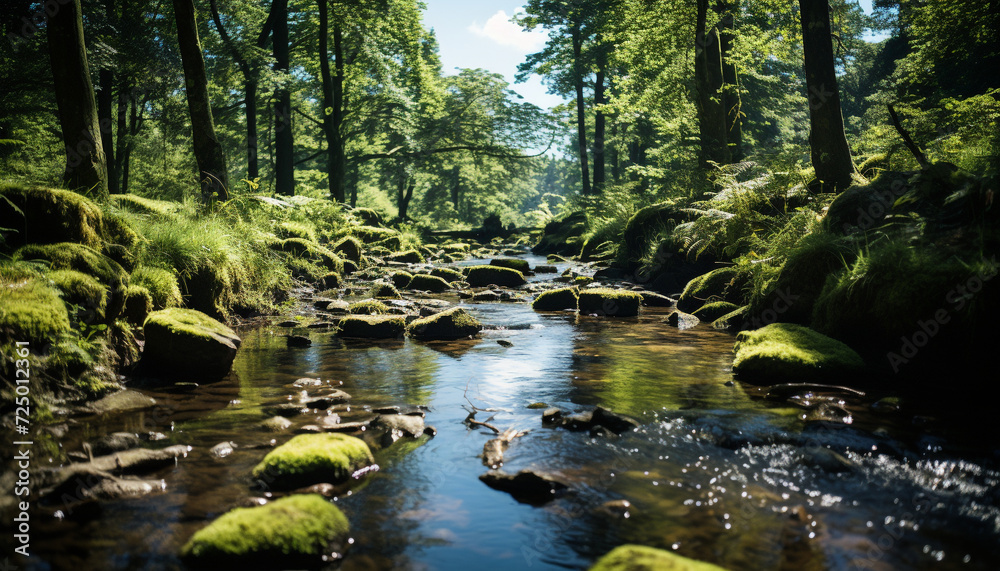 Tranquil scene of a green forest and flowing water generated by AI Tranquil scene of a green forest and flowing water generated by AI