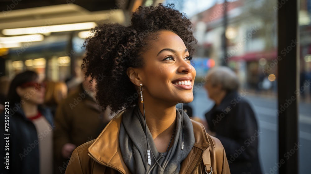 Young african american woman smiling near a train station Young african american woman smiling near a train station