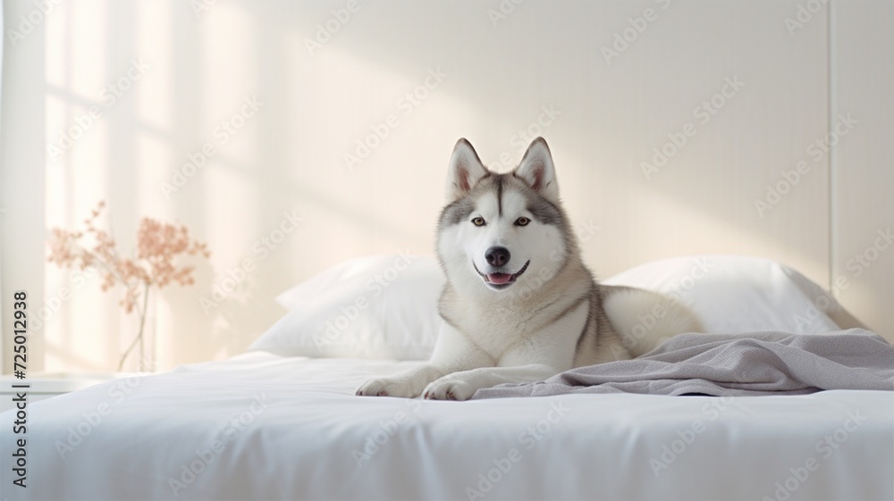 Lovely Siberian husky dog relax lying on bed picture, ultra HD wallpaper image