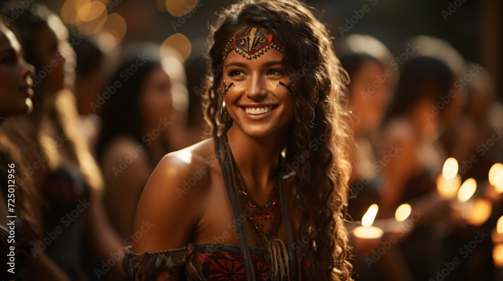 Young woman dressed in native art jewelry smiling with a group of candles in the background