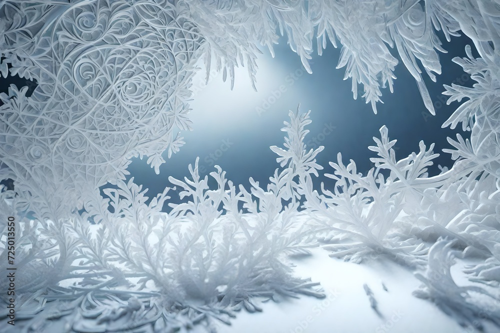 A 3D image of a frosted glass window, with intricate ice patterns and a wintry feel