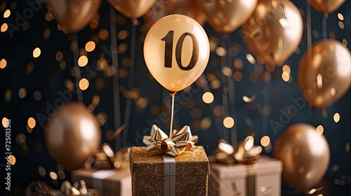 Celebrate a happy 10th birthday with gold surprise balloons and a gift box. photo