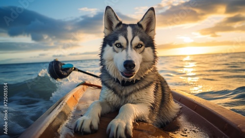 Husky dog surfing competition board on sea beach picture, ultra HD wallpaper