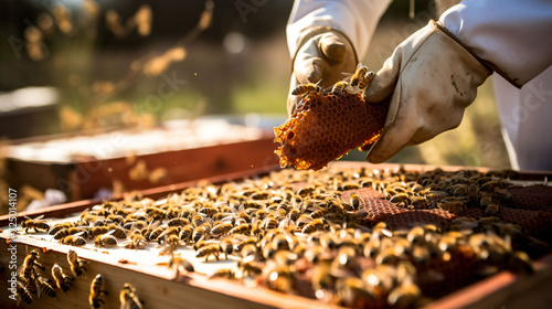 Beekeeper hands picking a large box containing honey